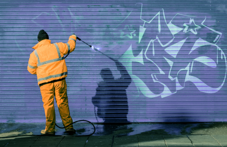 Worker wearing yellow gear pressure washing a blue garage door. Graffiti removal in the Lowcountry.